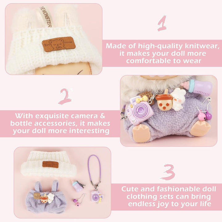 Doll Clothes for Labubu, 17Cm/15Cm Dolls Outfit Set , Luxury Chic Style High-End Fashion Suitable Accessories (No Doll)(Purple)