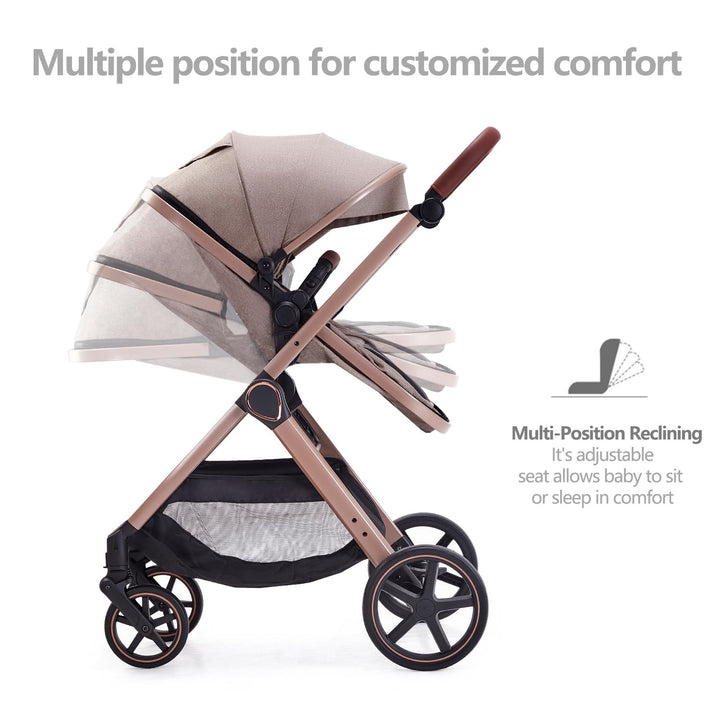 2 in 1 Baby Stroller, Newborn Infant Toddler Convertible Bassinet Pram Stroller for 0-36 Months Old Babies (Beige)