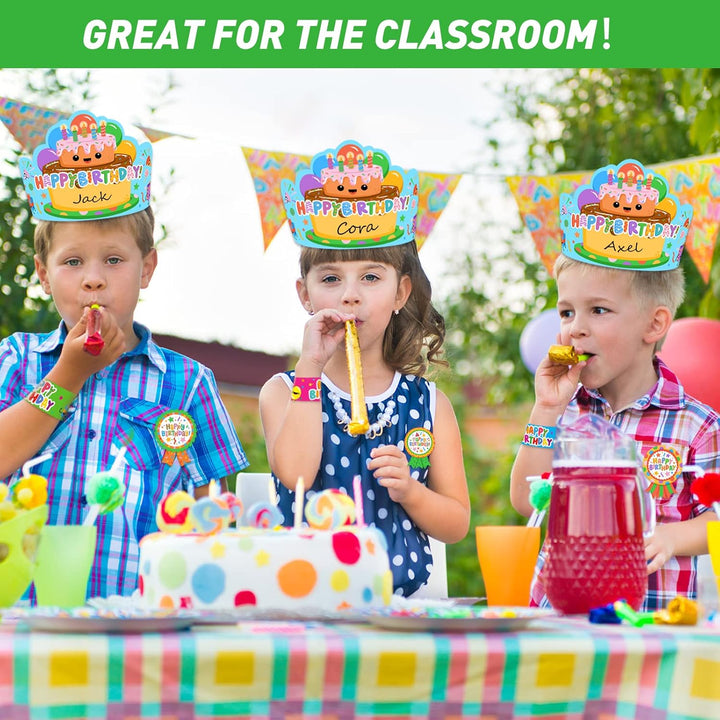 108 Pcs Birthday Crowns Party Hats for Kids Classroom, Include Happy Birthday Badge Stickers, Elastic Band and Slap Bracelet