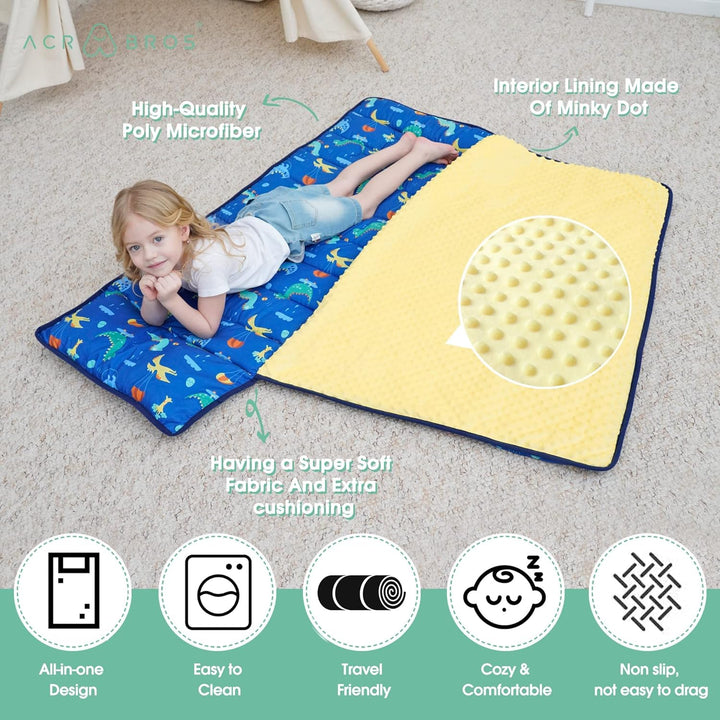 Toddler Nap Mat with Pillow and Blanket, Extra Large Rolled Napping Mats,Slumber Bags for Boys Girls,Kids Sleeping Bag for Daycare, Preschool Travel Camping, Dinosaur