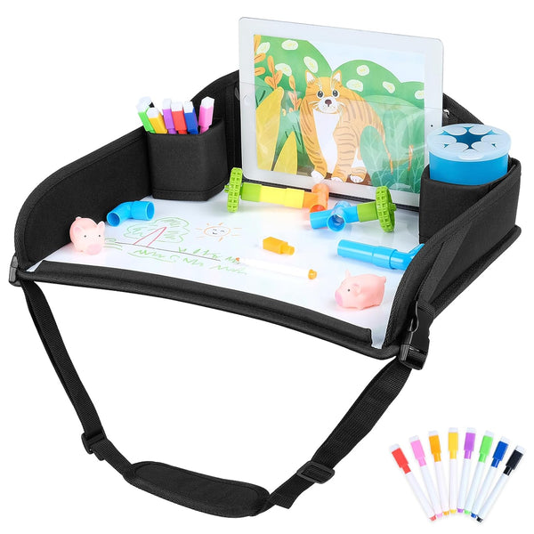 Kids Travel Tray for Toddler Car Seat, Travel Tray for Airplane, Toddler Car Seat Lap Tray, Carseat Table Tray for Kids Travel Activities (Black-1)