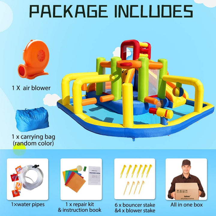 Inflatable Obstacle Bounce House, Kids Bounce House Water Park with Water Slides, Surprise Dump Bucket, Obstacles,Jumping, Tunnels, Climbing,Water Cannon, and Ball Shooting Frame