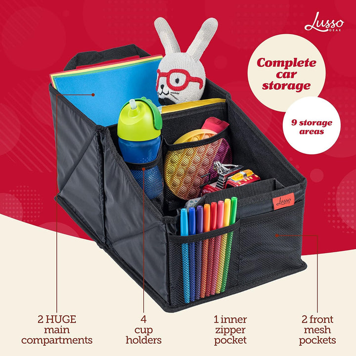 Backseat Car Organizer for Front & Rear Seats - Black Oxford - 9 Compartments & Cup Holders for Travel & Road Trip Essentials for Kids - Fits Cars, Trucks & Vans