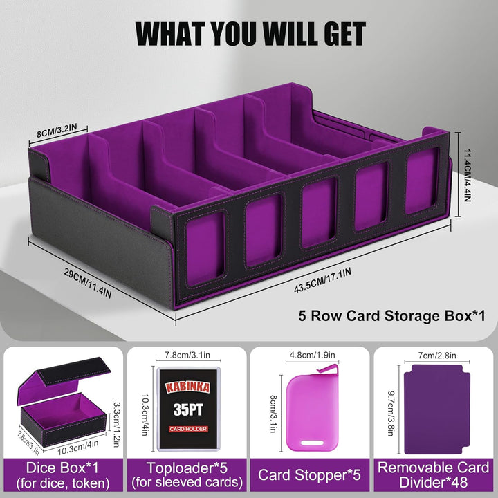 Trading Card Storage Box with Commander Display , 5-Row Deck Case with Removable Lid; 3900+ Card Deck Box for MTG TCG Sports Card, 5 Toploaders, 5 Stoppers, 48 Dividers,1 Dice Tray (Black Purple)