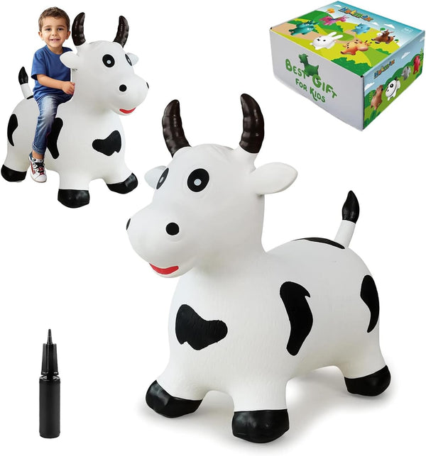 Bouncy Cow Hopping Horse Toys, Inflatable Bouncing Animal Hopper for Toddlers or Kids, Ride on Jumping Farm Toys for Boy or Girl Birthday Gift 2 3 4 Year Old (White Cow)