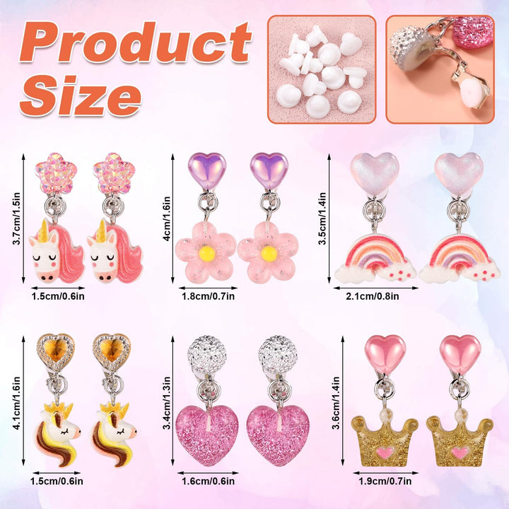 6 Pairs Clip on Drop Earrings, Colorful Non-Pierced Clip on Earrings Resin Rainbow Crown Flower Heart Clip on Earrings Ear Clips for Girls Kids Toddler Dress up Princess Jewelry Accessories