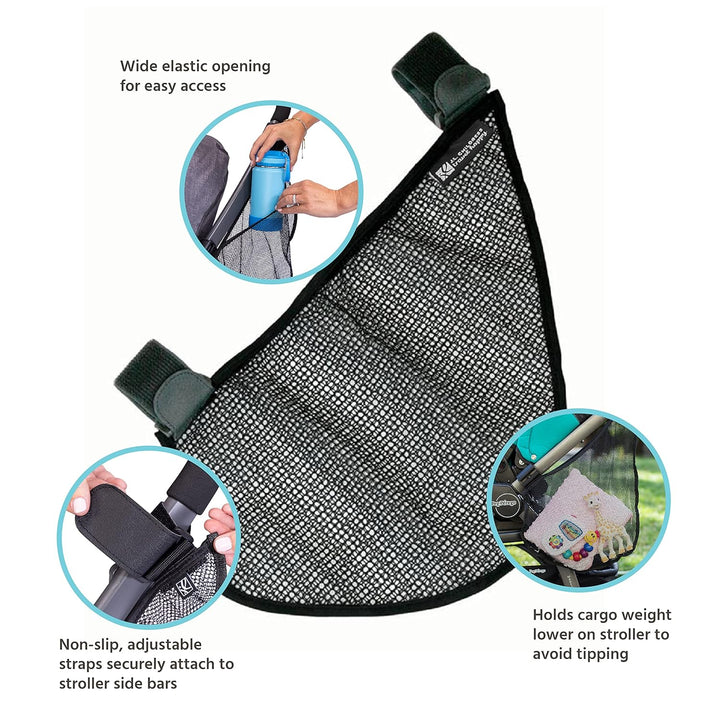 Side Sling Cargo Net - Stroller Organizer Attachment for Storage, Mesh Bag for Baby Accessories, Universal Fit, Non-Slip and Adjustable Straps - Black