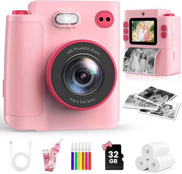 Instant Print Camera for Kids - 1080P HD Toddler Digital Camera for 3 4 5 6 7 8 9 10 Year Old Girls Boys, Christmas Birthday Gift with 32GB SD Card, Selfie Mode, Portable Travel Toy, Fun Filters- Pink