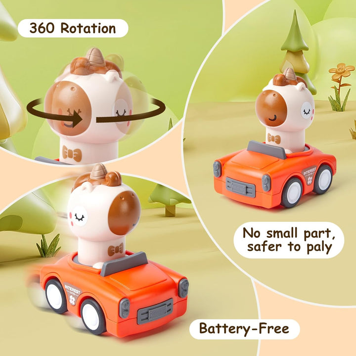Wind up Press Cars, Four Unicorn Play Figure Racing Cars Set for Toddlers Baby Boys Girls,Animal Vehicle Toys, Press Then Go