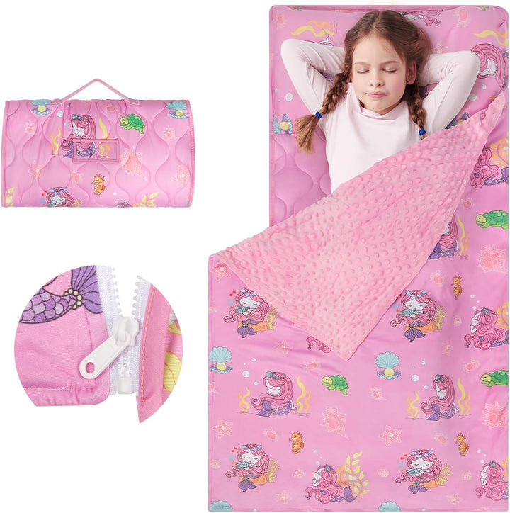 Toddler Nap Mat Extra Large 55‘’*29‘’ for 2-7 Years, Cotton Daycare Nap Mats with Removable Minky Blanket and Pillow, Boys Sleeping Mat Nap Mat for Preschool Kindergarten, Sleeping Bag Blue Dinosaur