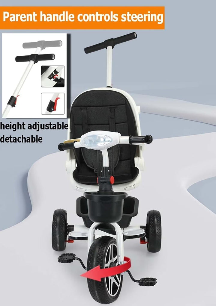 Reversible Seat Toddler Stroller Buggies,Children Stroller Pram with Canopy and Music Headlight,High Back Seat with Guardrail and Belt,Kidstricycle with Parent Handle,Double Brakes (Black with Canopy