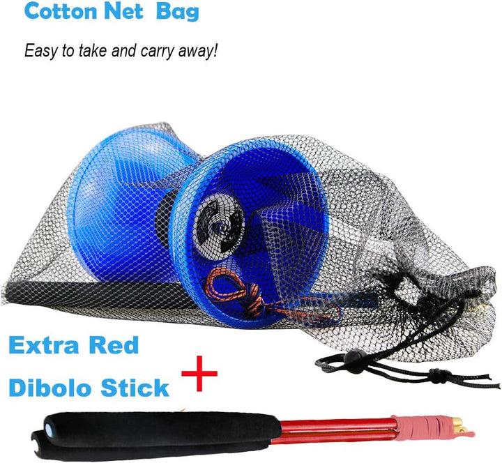 Pro Triple Bearing Diabolo Medium Size 5” Blue Chinese Yoyo Toy with 2 Pair Carbon Sticks+ 2 Extra Strings +1 Net Bag, High Performance Chinese Yoyo Diabolo Skill Toy
