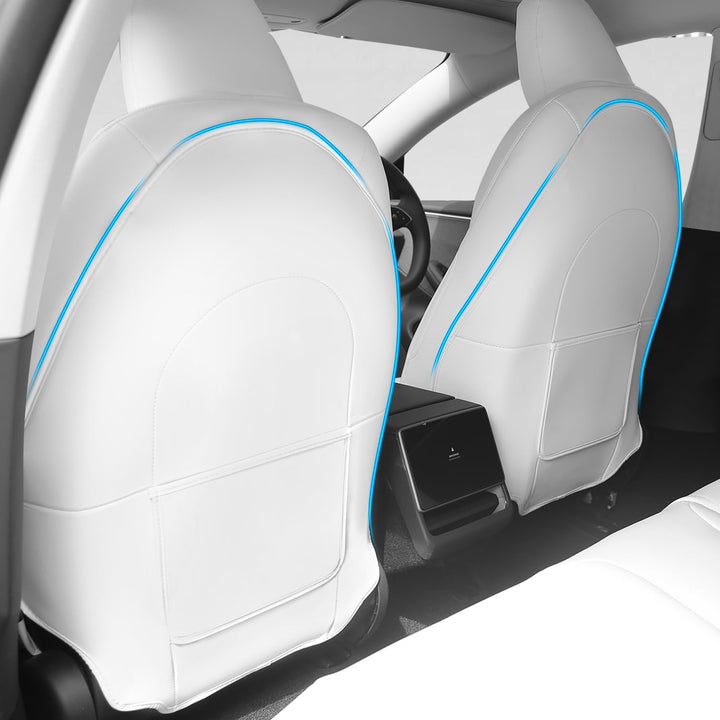 Seat Back Kick Protector for Tesla Model Y Model 3 Model S Model X Leather Backseat Mats for Kids Wear-Resistant Back Seat Cover with Extra Organizer Pocket 2 PCS -White