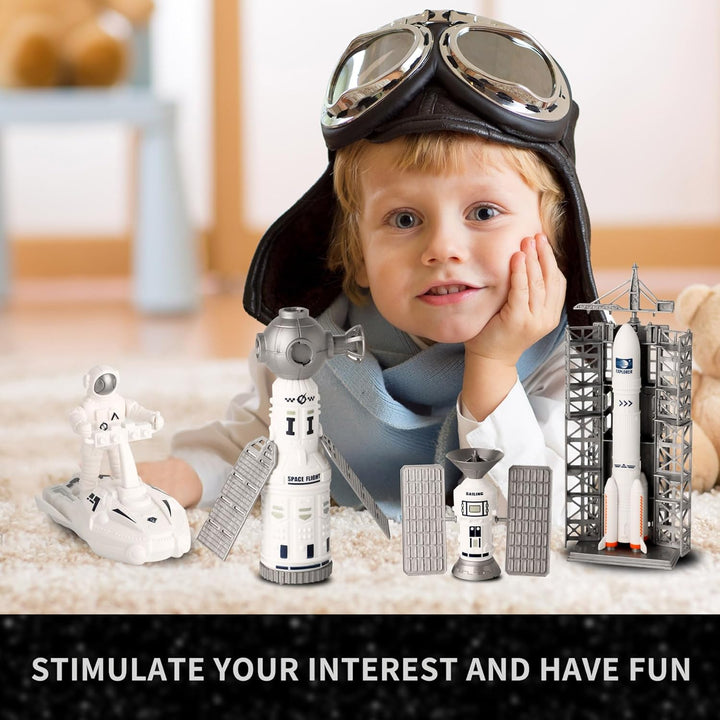 Space Explorer Toy Kit, Space Toys Set with Astronaut Figure, Double Satellite, Pointy Rockets and Launch Towers, Space Scooter, Astronaut Exploration Gift for Exploring Boys and Girls