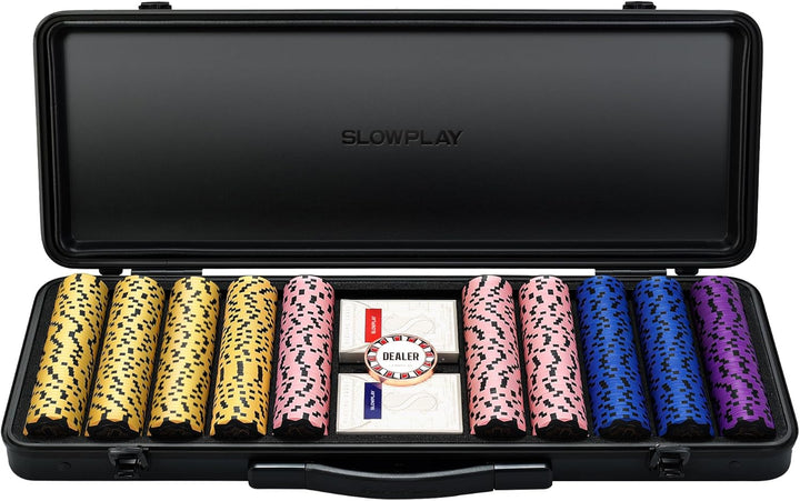 14G Clay Poker Chips Set for Texas Hold'Em, 500 PCS, with Numbered Values, Art Deco Style, and Carrying Case