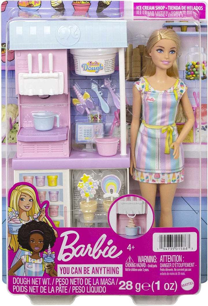 Careers Playset, Ice Cream Shop Set with Blonde Fashion Doll, Ice Cream Machine, Molds, Dough & Accessories