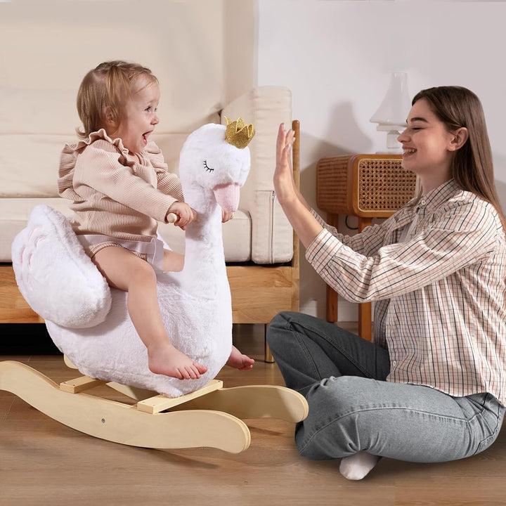 Kids Rocking Horse White Swan, Stuffed Animal Wooden Rocker for Children 6 Months Boys and Girls/Nursery Christmas, Birthday Gift (Rocking Swan)