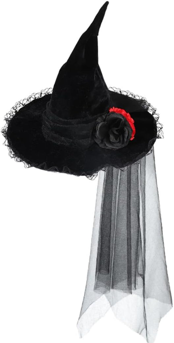 Gothic Witch Hat with Lace Trim, Black Velvet, Red Rose, Halloween Costume Accessory