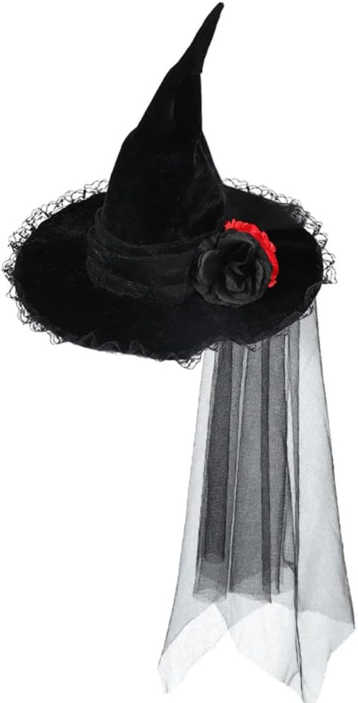 Gothic Witch Hat with Lace Trim, Black Velvet, Red Rose, Halloween Costume Accessory