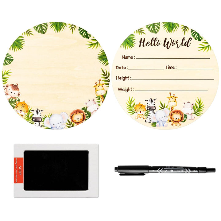Baby Birth Announcement Sign with Marker Pen, Mallard Duck Baby Name Sign with Ink Pad for Hand and Footprints, Wooden Hello World Newborn Announcement Nursery Decor Keepsake Gifts