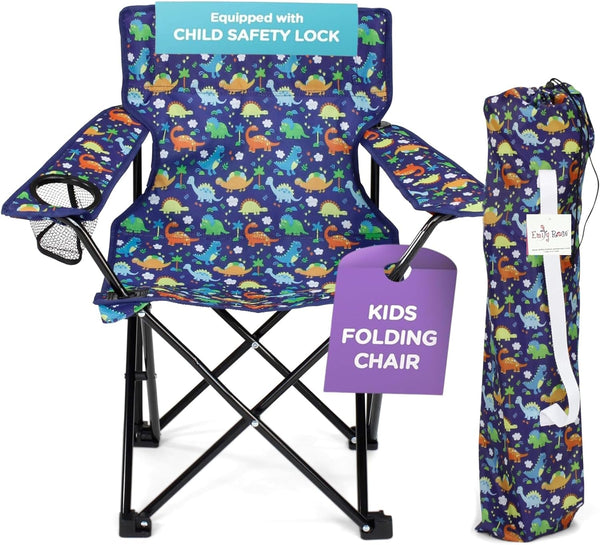 Kids Folding Beach Camping Chair Chair with Safety Lock, Cup Holder & Carry Case - Boys Girls Small Toddler Tailgate, Travel, Lawn Chair for Indoor & Outdoor (Playful Dinosaurs)