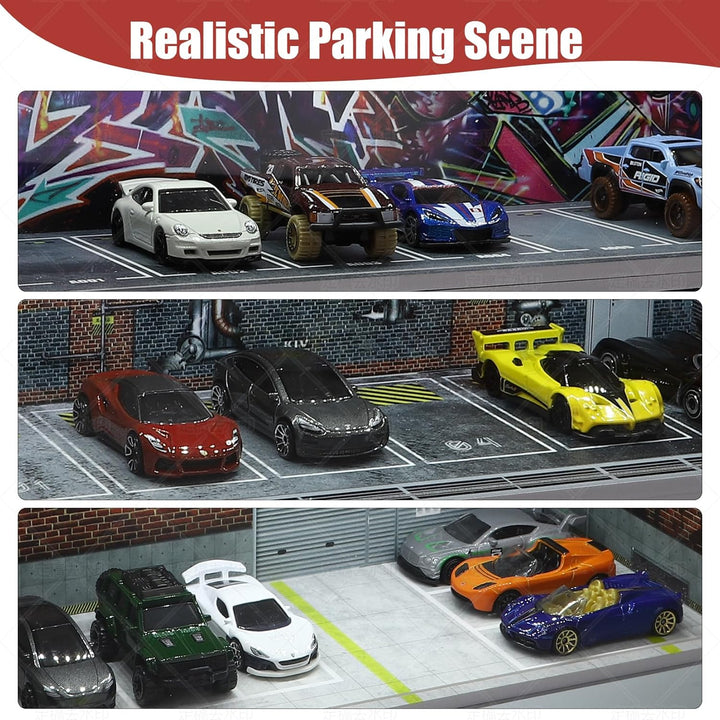 Display Case for Hot Wheels: Stackable Parking Garage for 1/64 Scale Matchbox Toy Car, Foamboard Storage for Monster Trucks with LED Light and Acrylic Cover, Depot