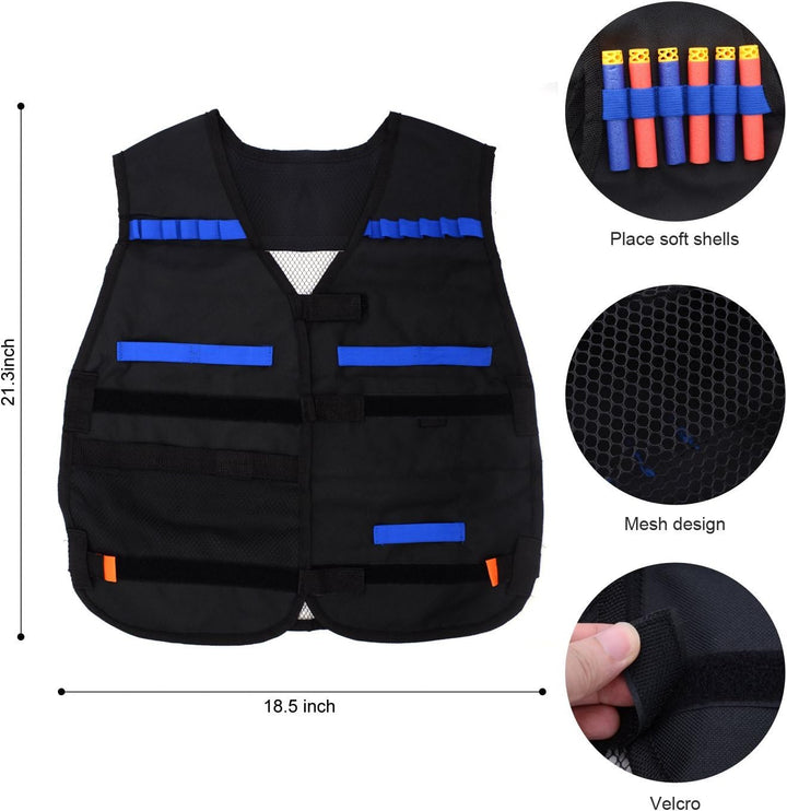 Kids Tactical Vest Kit for Nerf Guns, N-Strike Elite Series with 50 Bullets Refill Darts + 2 Reload Bullet Clips + Face Tube Mask + Protective Glasses + Hand Wrist Band