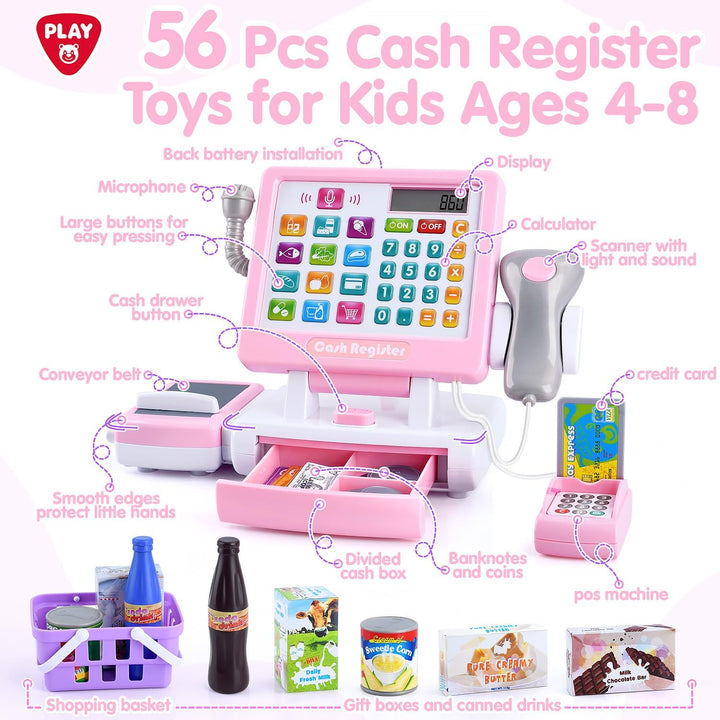 Kids Cash Register Toy - Pretend  Calculator Register Toys with Microphone/Conveyors/ Money/Scanner/Credit Card/Cans/Drink, 3+ Toddler Develops Early Math Skills Learning Toys