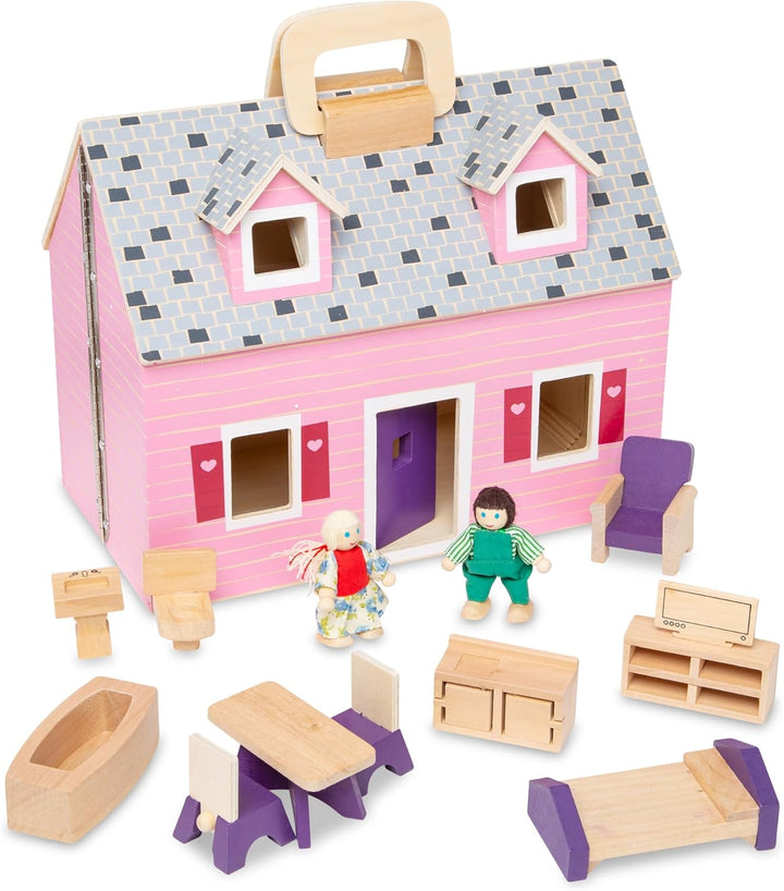 Fold and Go Wooden Dollhouse with 2 Dolls and Wooden Furniture,Multi,One Size