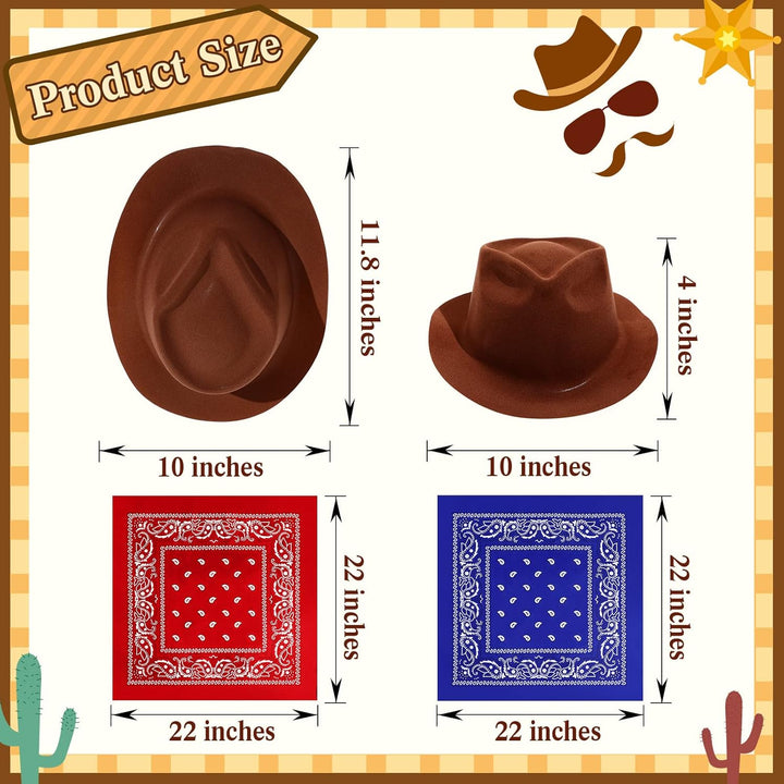 24 Pieces Western Cowboy Hat Set, Felt Cowboy Themed Party Hats with Paisley Bandanas for Kids Costume Party(Brown, Red, Blue)