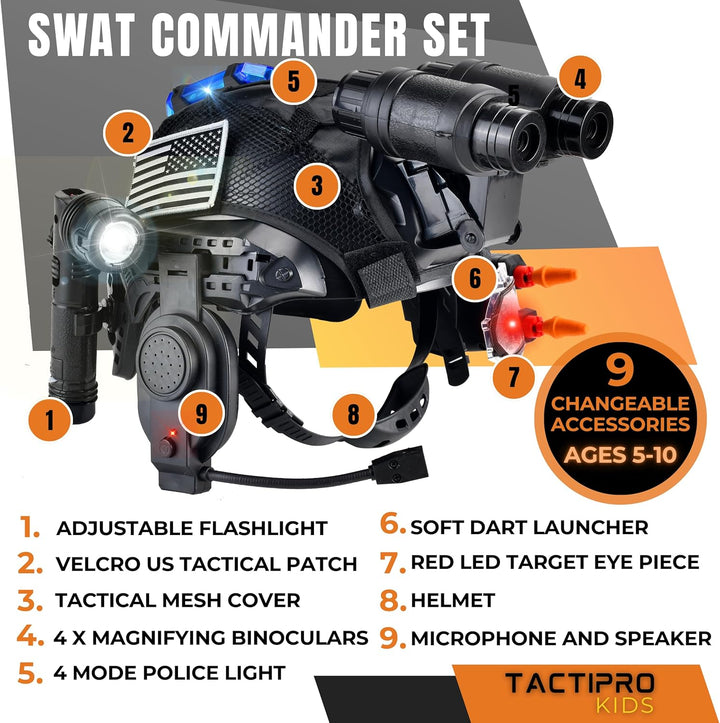 Police Kids Toy Soldier Army SWAT Helmet Commander Set. Megaphone Led Scope, Dart Toy Gun & 4X Binoculars