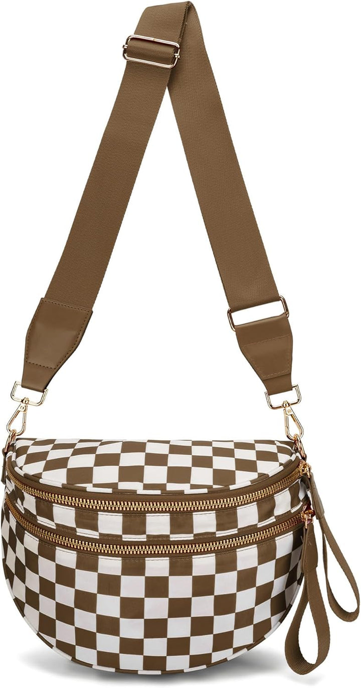 Mommy Bum Bag Crossbody, 2025 Trendy Checkered/Solid Nylon Waterproof Adjust Wide Straps Large Mom Diaper Bag