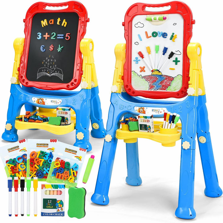 Large Art Easel for Kids, Double-Sided 4In1 Toddler Easel with Rotable Magnetic Chalkboard & White Drawing Board, Height Adjustable with Magnetic Letters & Numbers Gifts for Boys and Girls