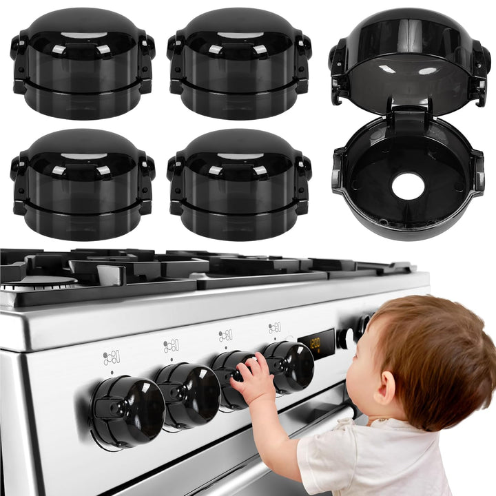 Stove Knob Safety Covers, for Knob Diameter Less than 2.4", Unlock with Adult Two-Finger, Dual-Key Press Gas Stove Knob Locks, Upgraded Oven Lock Knob Covers for Child Safety, Black Color, Pack of 5
