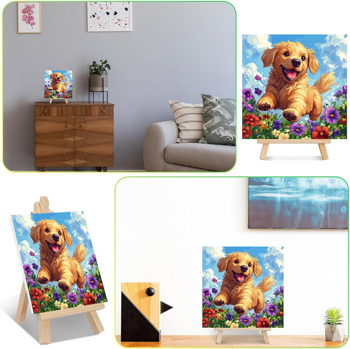 Dog Paint by Numbers Kit for Kids with Frame - Cute Dog Paint by Number for Kids, Kid Painting by Number Kits Age 8-12 for Home Wall Decor 8X8Inch (With Wooden Easel)