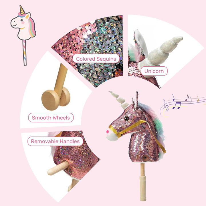 Sequin Unicorn Stick Horse Handcrafted Hobby Horse on a Stick with Wood Wheels Real Pony Neighing and Galloping Sounds Plush Unicorn Toy Pink 36 Inches(Aa Batteries Required)