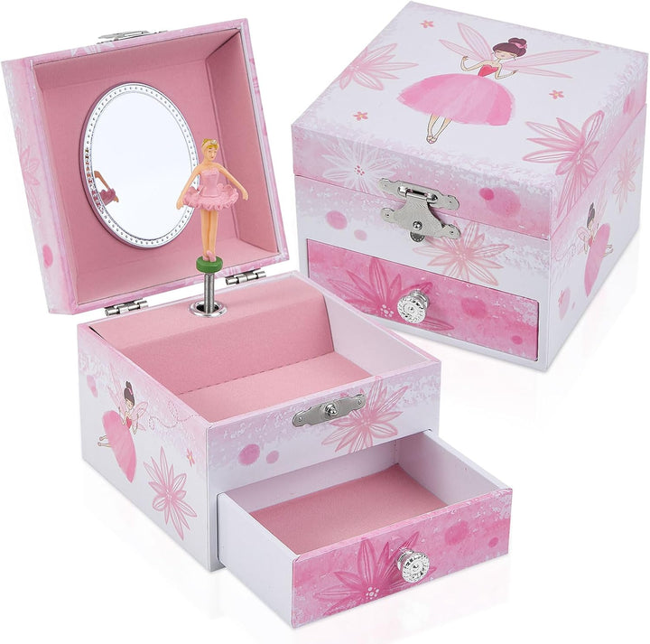 Girls Musical Jewelry Box with Drawer and Spinning Ballerina,Fairy Disign Kids Music Box for Little Girls Gifts Jewel Storage for Kids Ages 3-10