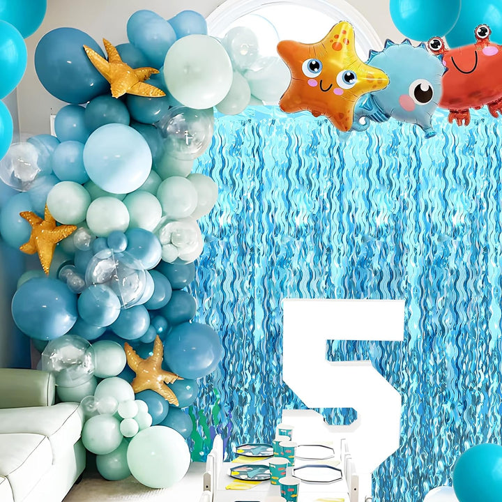 Wavy Tinsel Foil Fringe Curtains Teal Blue Streamers Backdrop for Ocean Themed Party Blue Birthday under the Sea Party Decorations(2 Pack,3.2 Ft X 6.6 Ft)