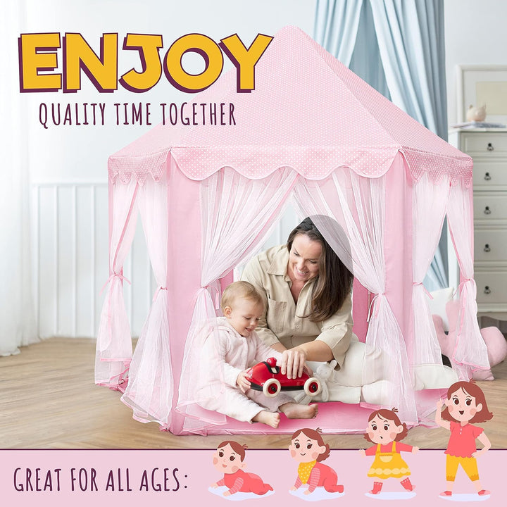 Princess Castle Playhouse Tent for Girls with LED Star Lights – Indoor & Outdoor Large Kids Play Tent for Imaginative Games – ASTM Certified, 230 Polyester Taffeta. Pink 55"X53".