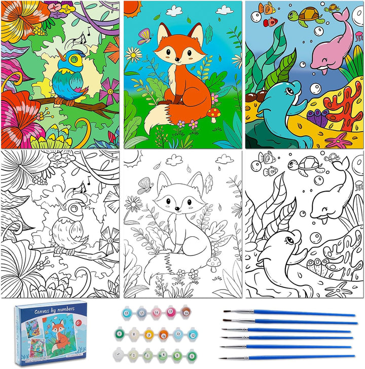 3 Pack Paint by Numbers Kit for Kids 8-12, 10*8" Framed Canvas with 17 Acrylic Paint Pots and 6 Brushes, Color by Number Crafts Art Supplies
