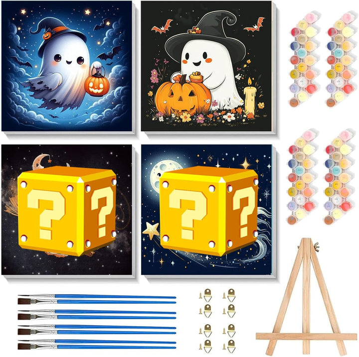 2 Pack Paint by Numbers Kit for Kids with Frame-Wooden Easel, Halloween Paint by Numbers for Kids Ages 4 8 12, Easy Halloween Acrylic Oil Painting Kits for Home Wall Decoration 8X8 Inch
