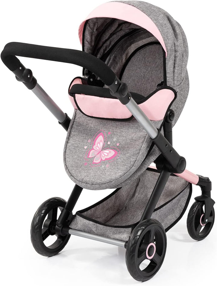 : Pram Xeo: Butterfly Grey & Pink - Matching Handbag, Adjustable Handle, for Dolls up to 20", Ages 3+ | Dress Up