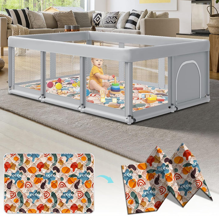 74" ×50" Large Baby Playpen, Baby Playard for Babies and Toddlers, Baby Fence Play Pens for Indoor & Outdoor, Sturdy Safety Play Yard with Soft Breathable Mesh, Anti-Fall, Grey