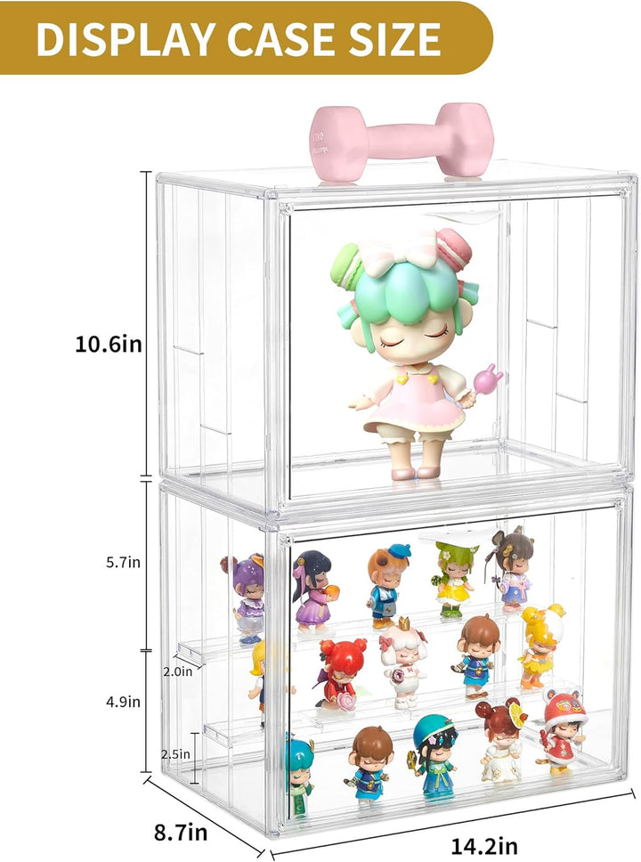Acrylic Display Case for Collectibles 3 Layer Adjustable Figure Display Case with Magnetic Door Clear Stackable Display Box for Figures Showcase 2Pack