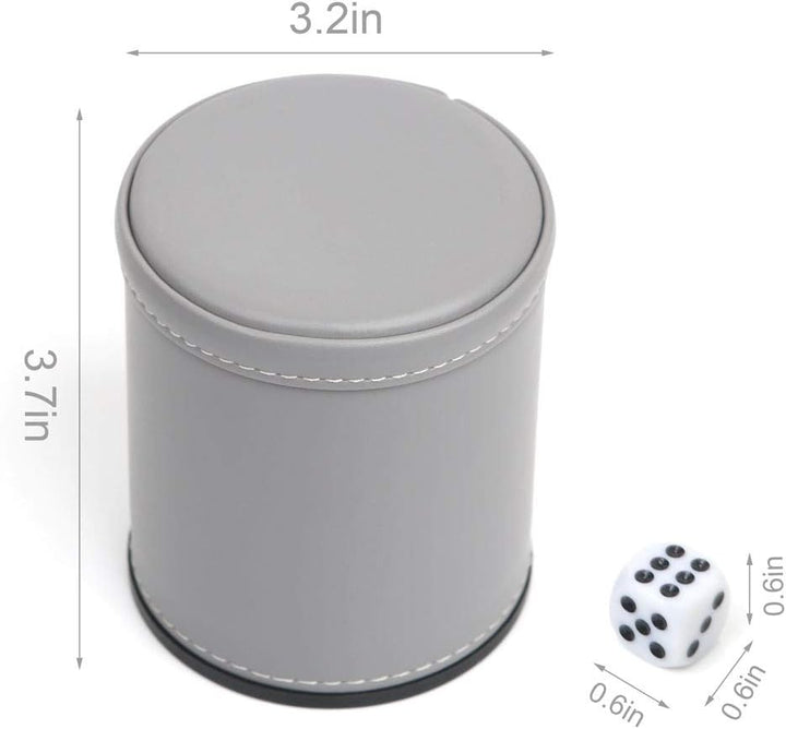 Dice Felt Lined PU Leather Dice Cup with 6 Dice, Felt Lined Interior Quiet Shaker for Yahtzee Game (Gray)