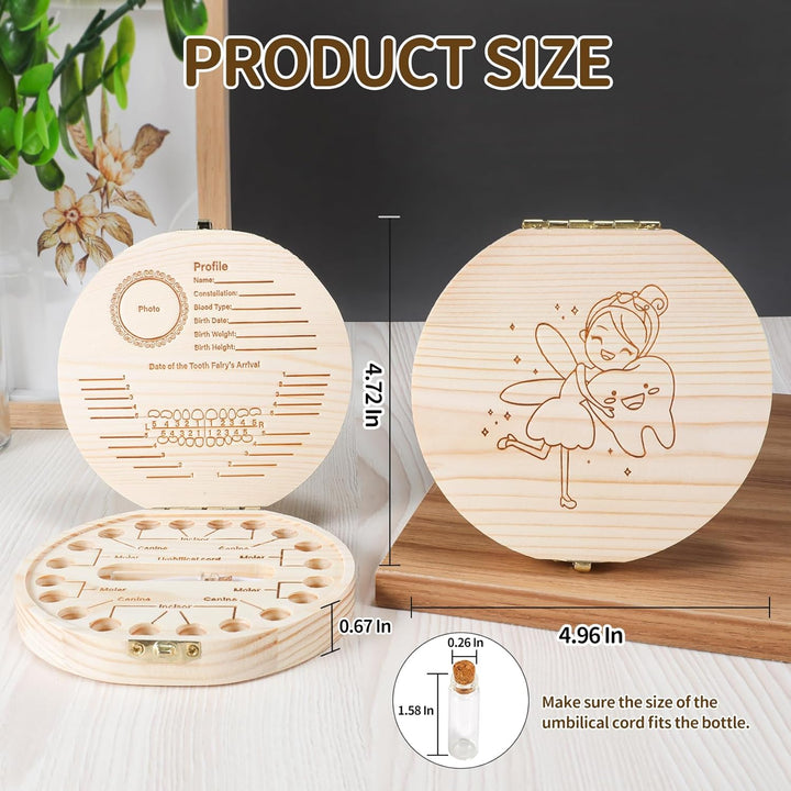 Tooth Fairy Tooth Holder Wooden Umbilical Cord Keepsake Box, Cute Baby Teeth Keepsake Box with Tweezer and Fetal Hair Container, Lost Tooth Fairy Box for Incisor|Canine|Molar|Umblllcal Cord