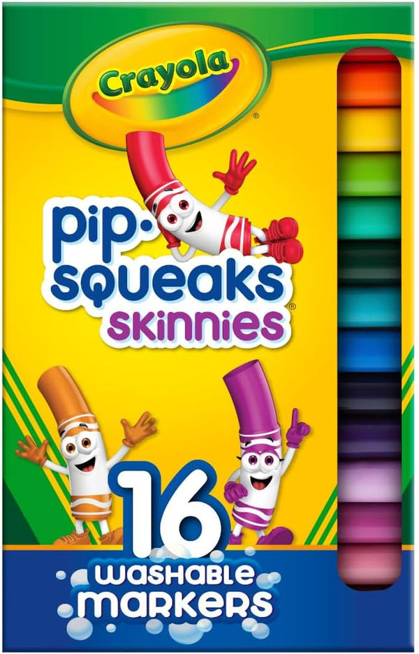Pip Squeaks Skinnies Washable Marker Set (16Ct), Mini Markers for Toddlers, Thin Coloring Supplies for Kids, Toddler Back to School Essentials