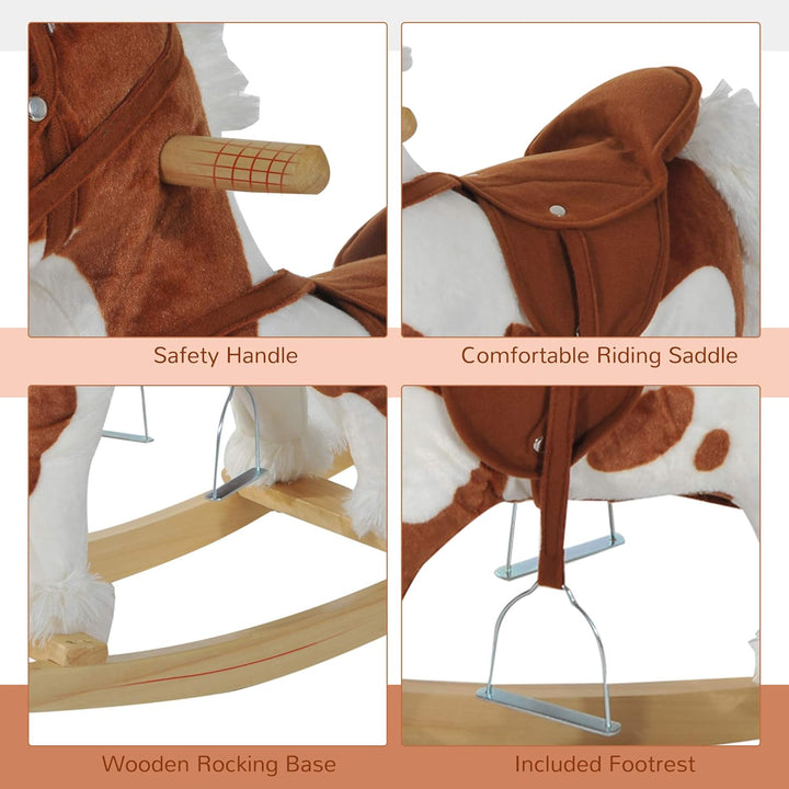 Wooden Toddler Rocking Horse, Kids Plush Ride on Horse Toy Animal Rocker with Nursery Rhyme Music Brown