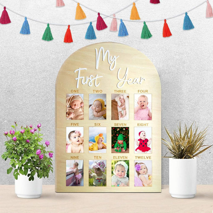 One Year Birthday Wooden Photo Board My First Year Milestone Photo Board 12 Monthly Picture Frame Baby First Year Wood Acrylic Sign 1St Birthday Decorations Baby Keepsake Gift (2" X 3" Photos - Wallet Size)