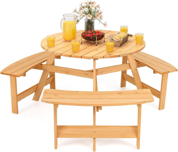 6 Person Kids Picnic Table, Fir Wood round Picnic Table with 3 Built-In Benches, Umbrella Hole, Kids Table and Chair Set for Outdoors, Backyard, Garden, Porch, Patio